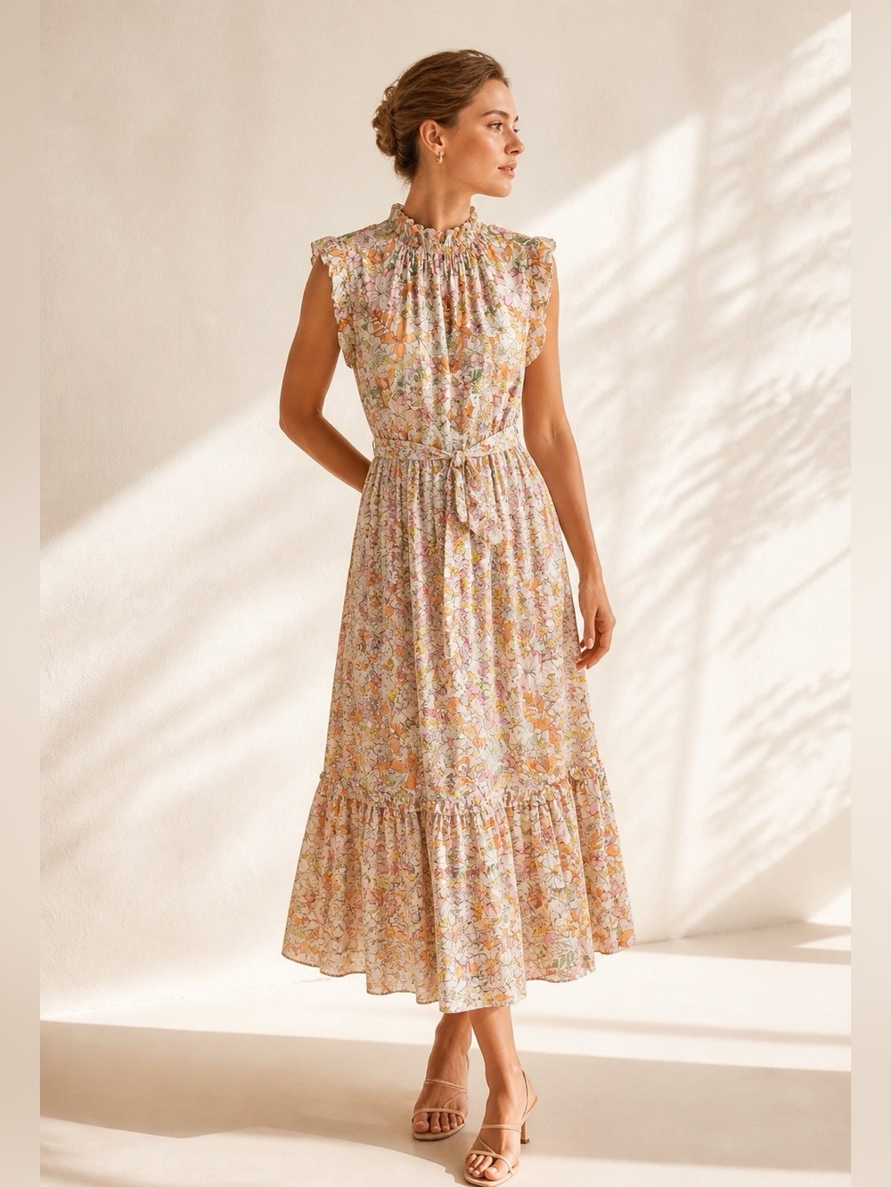 CeCe Floral Midi Dress in Orange, Pink, Green